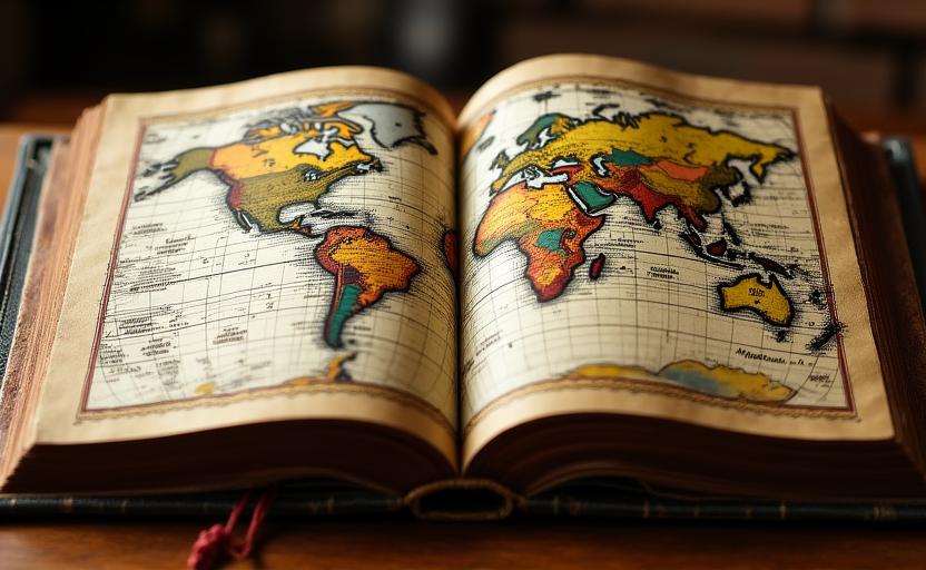 Ancient cartographic atlas bound in leather