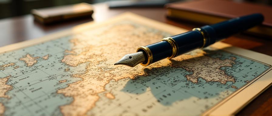 Close up of an antique nautical map and a fountain pen